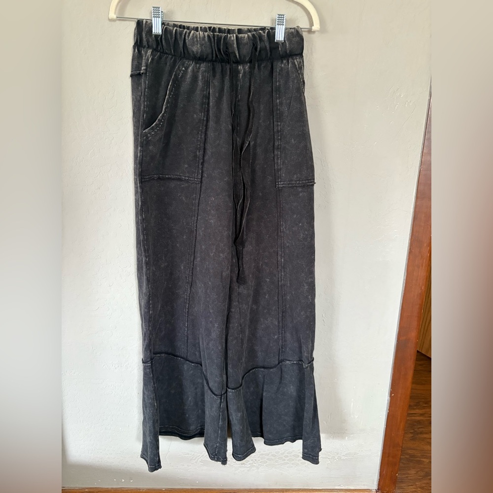 Zenana Mineral Washed Black Wide-Leg Pants
